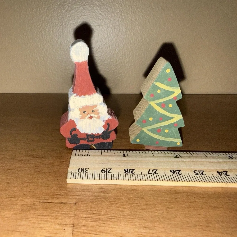 Vintage Santa Lot of 2 Folk Art Primitive Miniature Christmas Tree Wood Painted